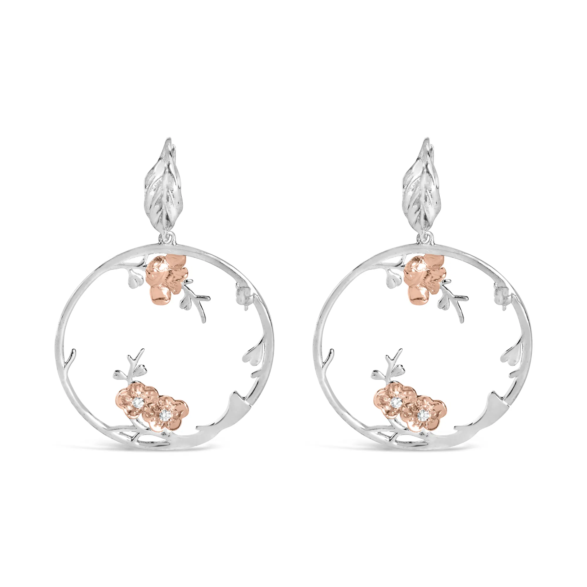 Rose Gold Plated .925 Sterling Silver 1/10 Cttw Diamond Floral Hoop Earrings (I-J Color, SI1-SI2 Clarity) - Grocery