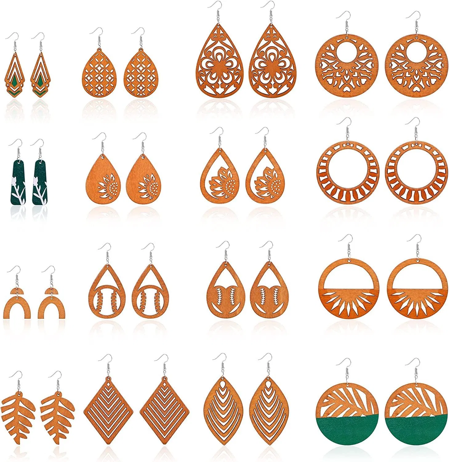 16 Pairs Wooden Dangle Earrings for Women African Earrings Natural Wood Teardrop Earrings Ethnic Statement Lightweight Pendant Drop Earrings - Grocery