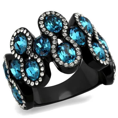 TK2289 - IP Black(Ion Plating) Stainless Steel Ring with Top Grade Crystal in Aquamarine - Grocery