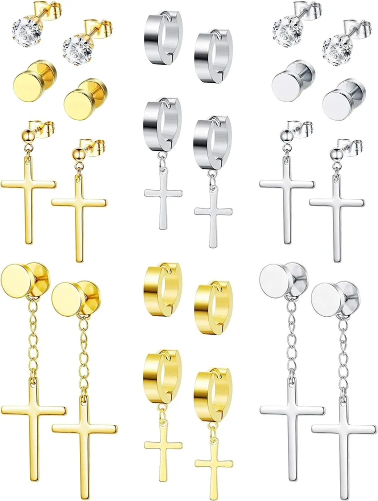 12 Pairs Stainless Cross Dangle Earrings Set for Men Hinged Hoop Earrings Punk Huggie CZ Stud Earrings - Grocery