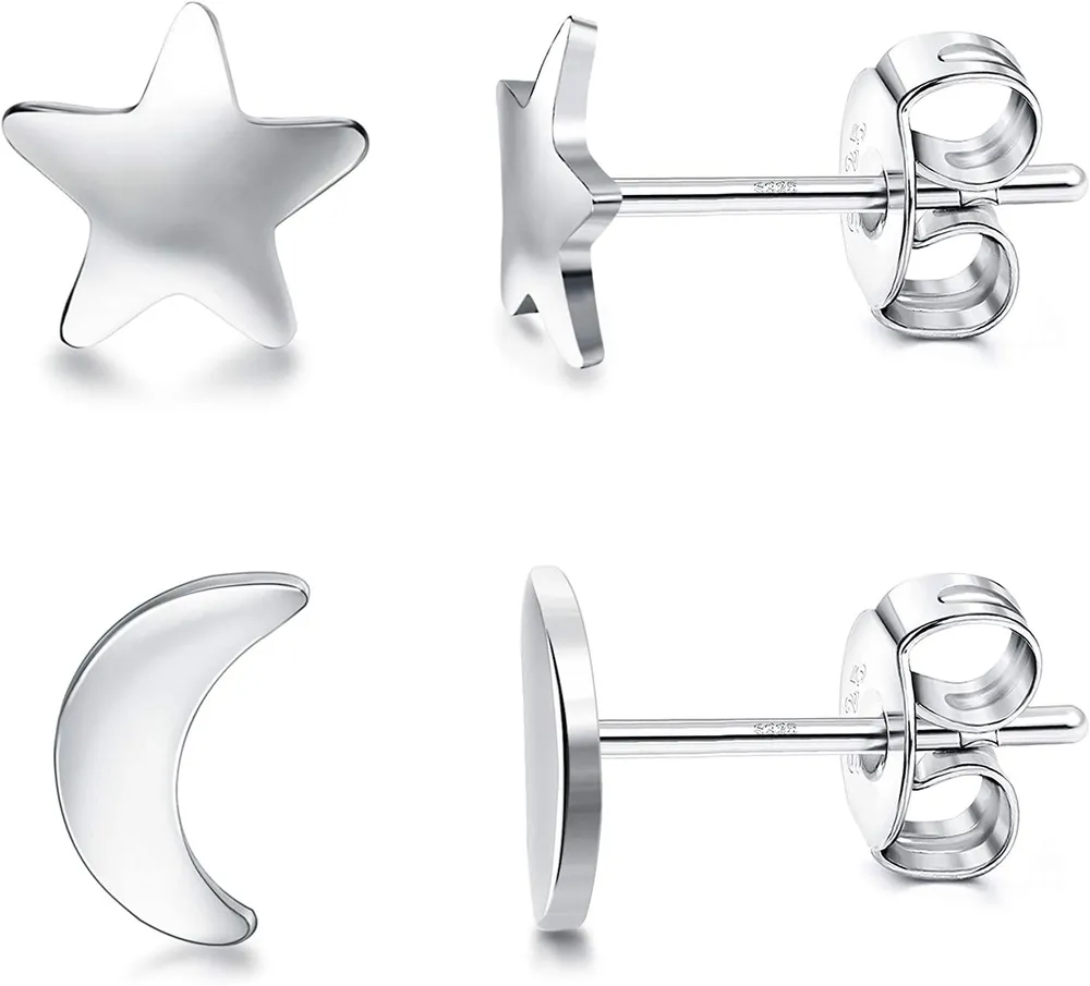 2 Paris 925 Sterling Silver Star Moon Stud Earrings for Women Small Stud Earrings Set Hypoallergenic - Grocery