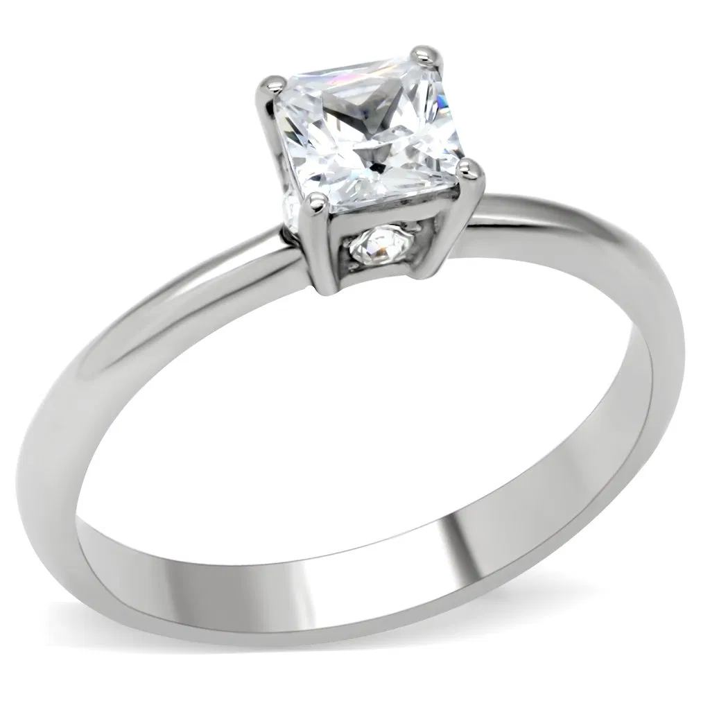 TK202 - High polished (no plating) Stainless Steel Ring with AAA Grade CZ in Clear - Grocery