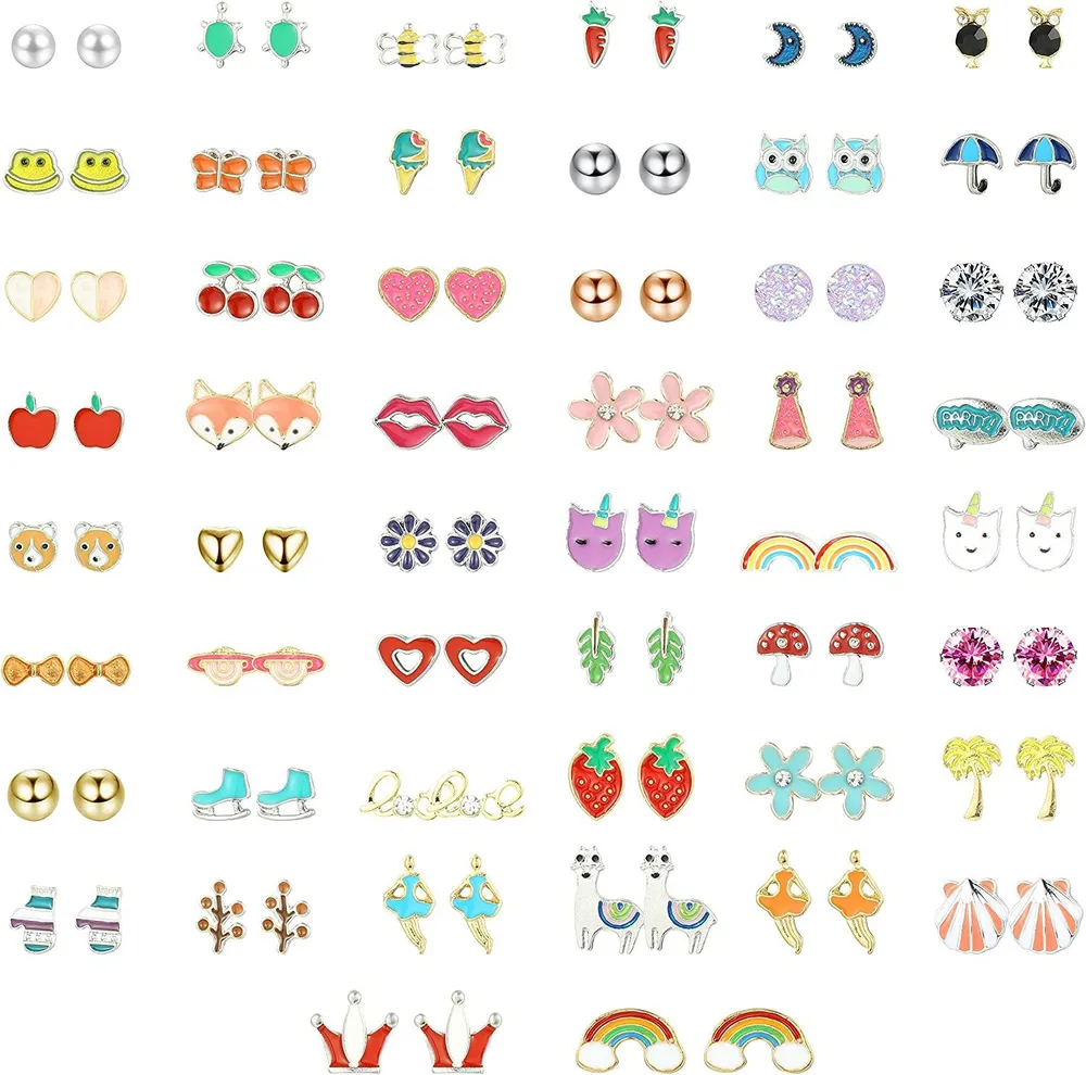 50 Pairs Multiple Stud Earrings for Women Kids Cute CZ Pearl Animal Flower Heart Tree Colorful Earrings Set; Metal - Grocery
