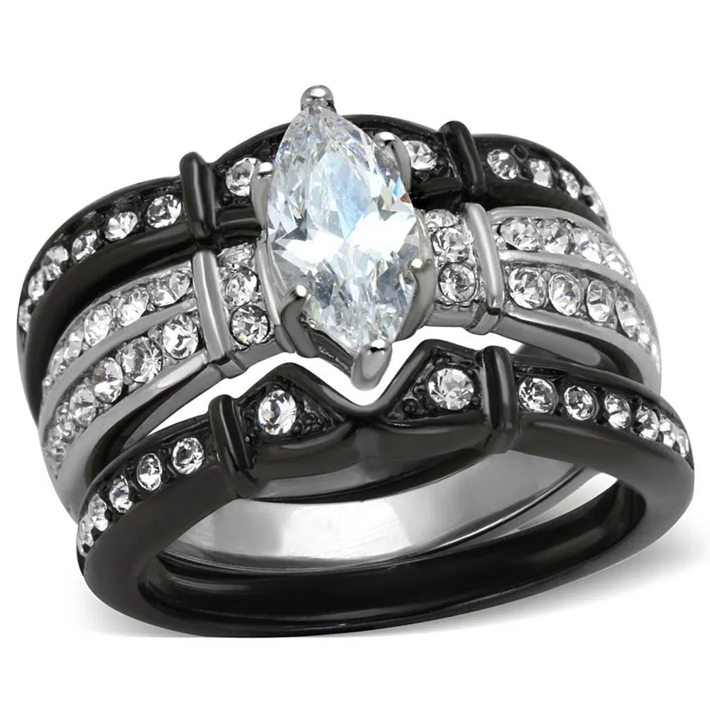 TK1922 - Two-Tone IP Black Stainless Steel Ring with AAA Grade CZ in Clear - Grocery