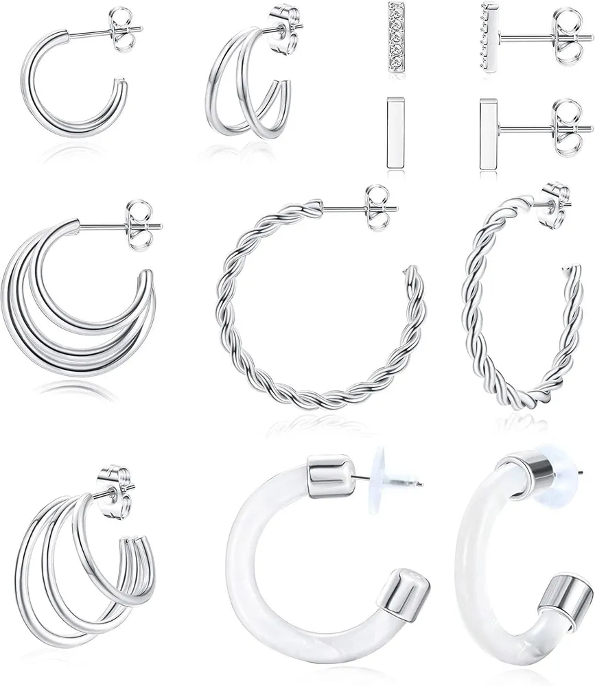 6 Pairs Stainless Small Hoop Earrings for Women Lightweight Chunky Open Hoop Earrings Split Huggies Twisted Mini Bar Stud Earrings Set Gift for Her - Grocery