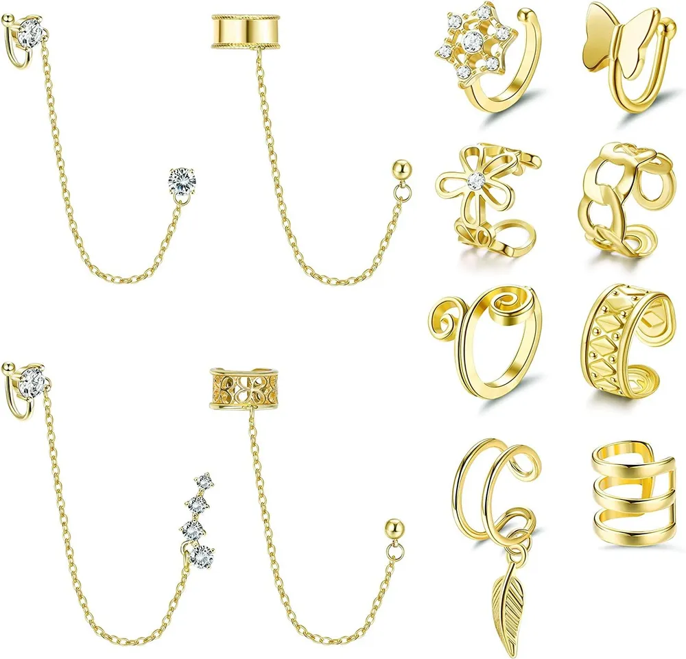 12Pcs Non Piercing Cuff Earrings for Women Long Chain Crawler Earrings Studs Leaf Flower Butterfly Ear Cuff Clip On Helix Cartilage Earrings Set - Grocery