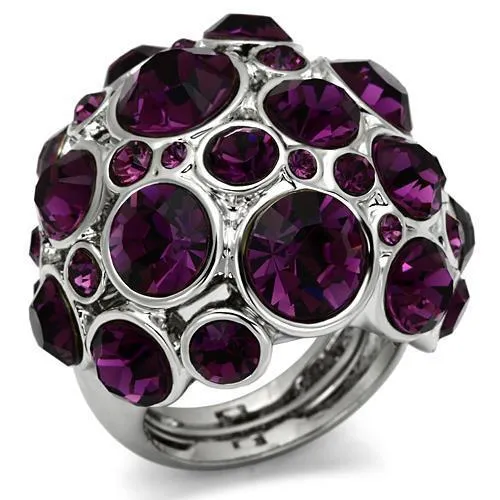 LO2462 - Rhodium Brass Ring with Top Grade Crystal in Amethyst - Grocery