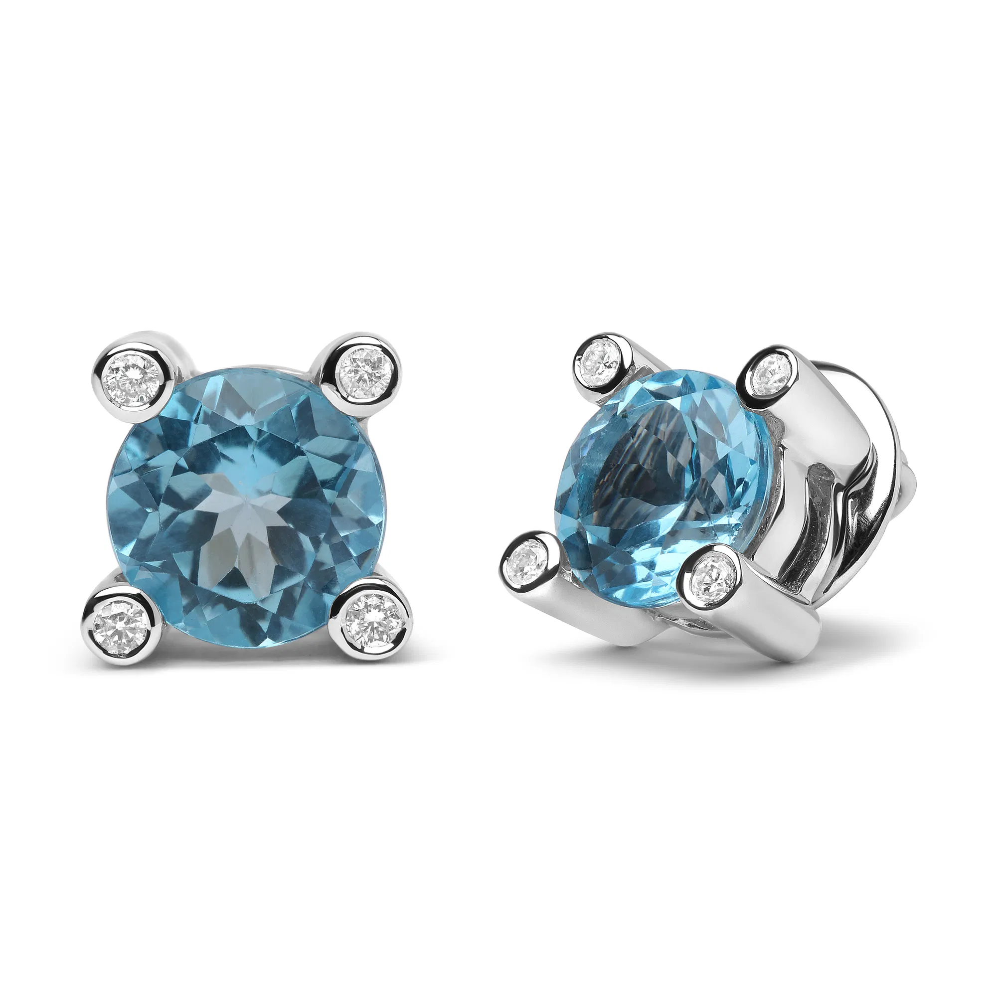 18K White Gold 1/10 Cttw Round Bezel Diamond and 10x10mm Round Sky Blue Topaz Gemstone Stud Earrings (G-H Color, I1-I2 Clarity) - Grocery