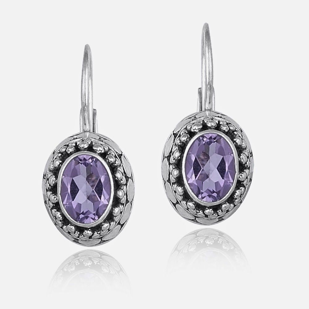 Sterling Silver Genuine Amethyst Bali Bead Oval LeverBack Lever Back Earrings - Grocery