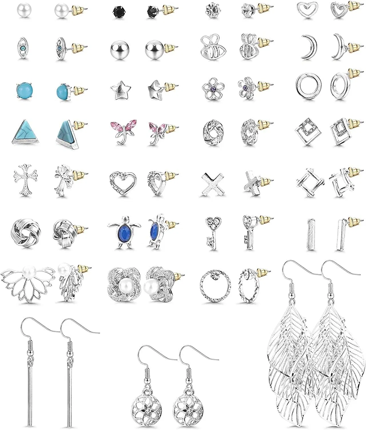 30 Pairs Assorted Multiple Stud Earrings for Women Men Crystal Faux Pearl Butterfly Geometric Simple Cute Big Hoop Statement Earrings Set - Grocery