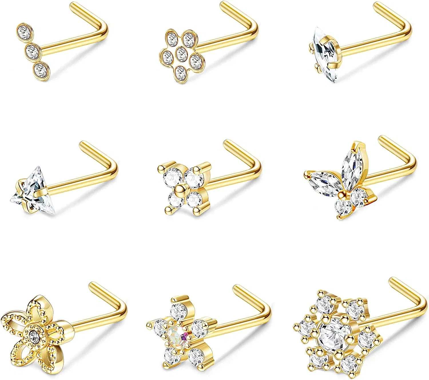9Pcs 20G Nose Rings Studs with Big Bling CZ Snowflake Star Top Surgical L-Shaped Nose Studs Triple Linear Gem Ball Round Diamond CZ Nose Piercing 7mm - Grocery