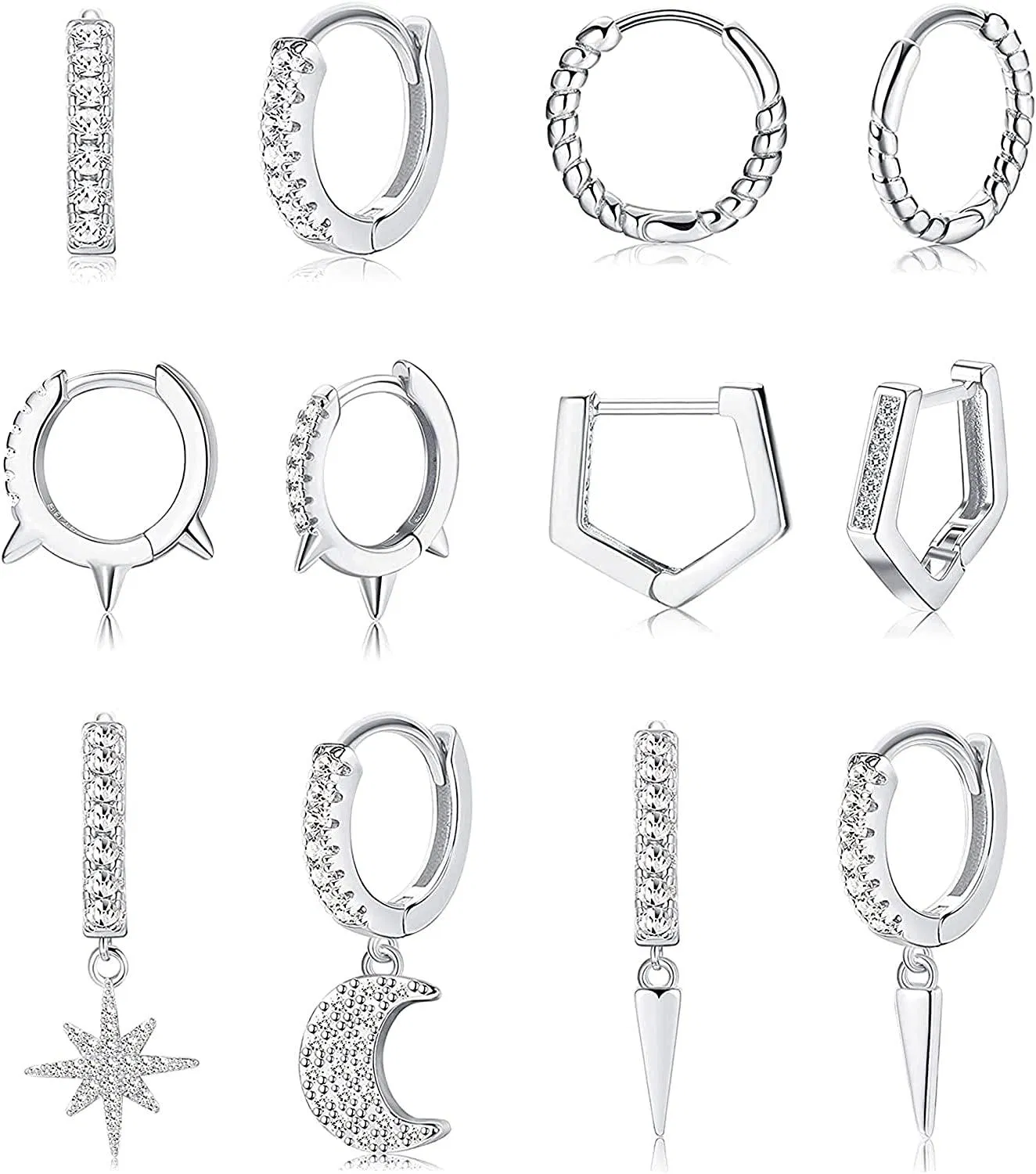 6Pairs 18G Moon Star Dangle Hoop Earrings for Women Twist Cubic Zirconia Spike Small Huggie Hoop Ear Piercing Set - Grocery