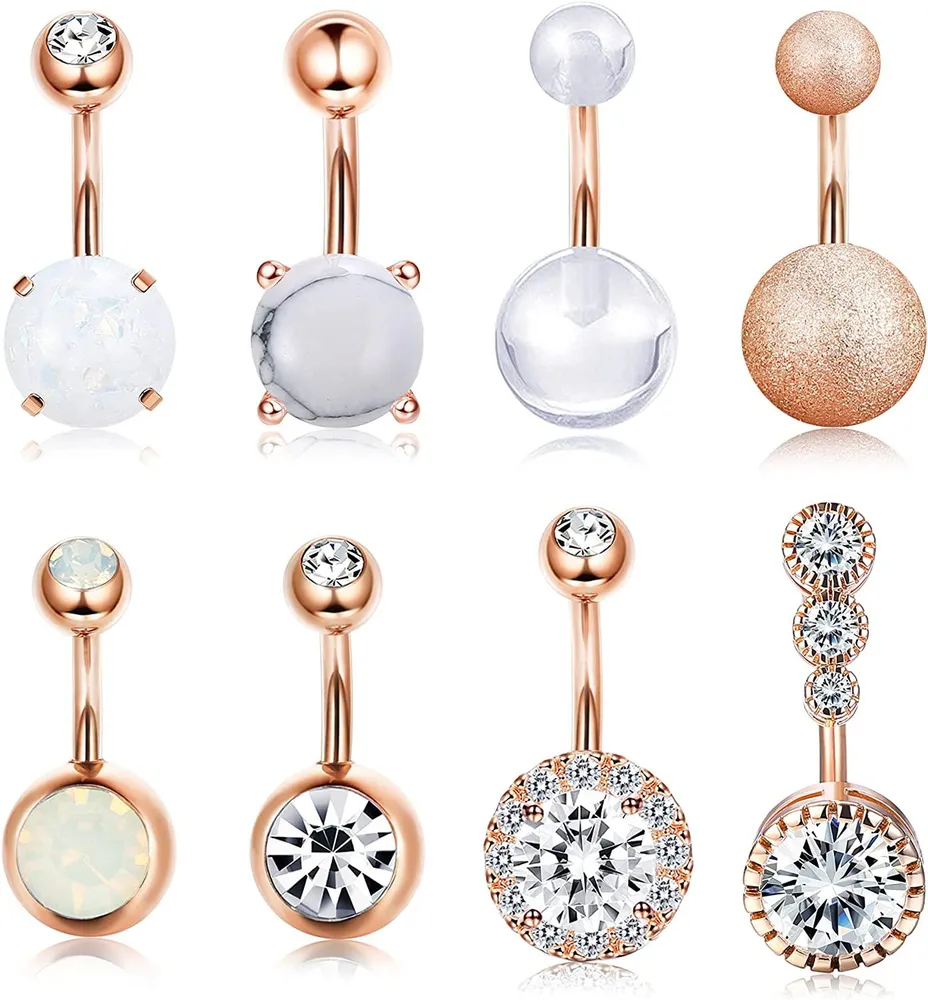 8Pcs 14G Belly Button Rings for Women Surgical CZ Navel Ring Barbell Body Piercing Jewelry - Grocery