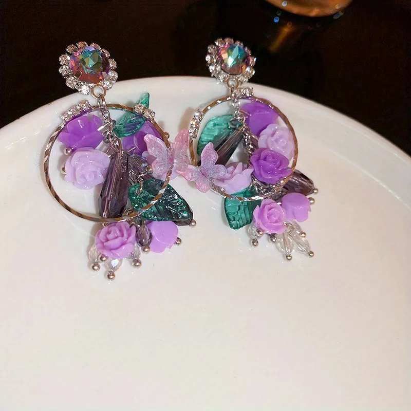 Purple Exquisite Flower Design Dangle Earrings Elegant Pastoral Style Alloy Jewelry Delicate Female Gift - Grocery