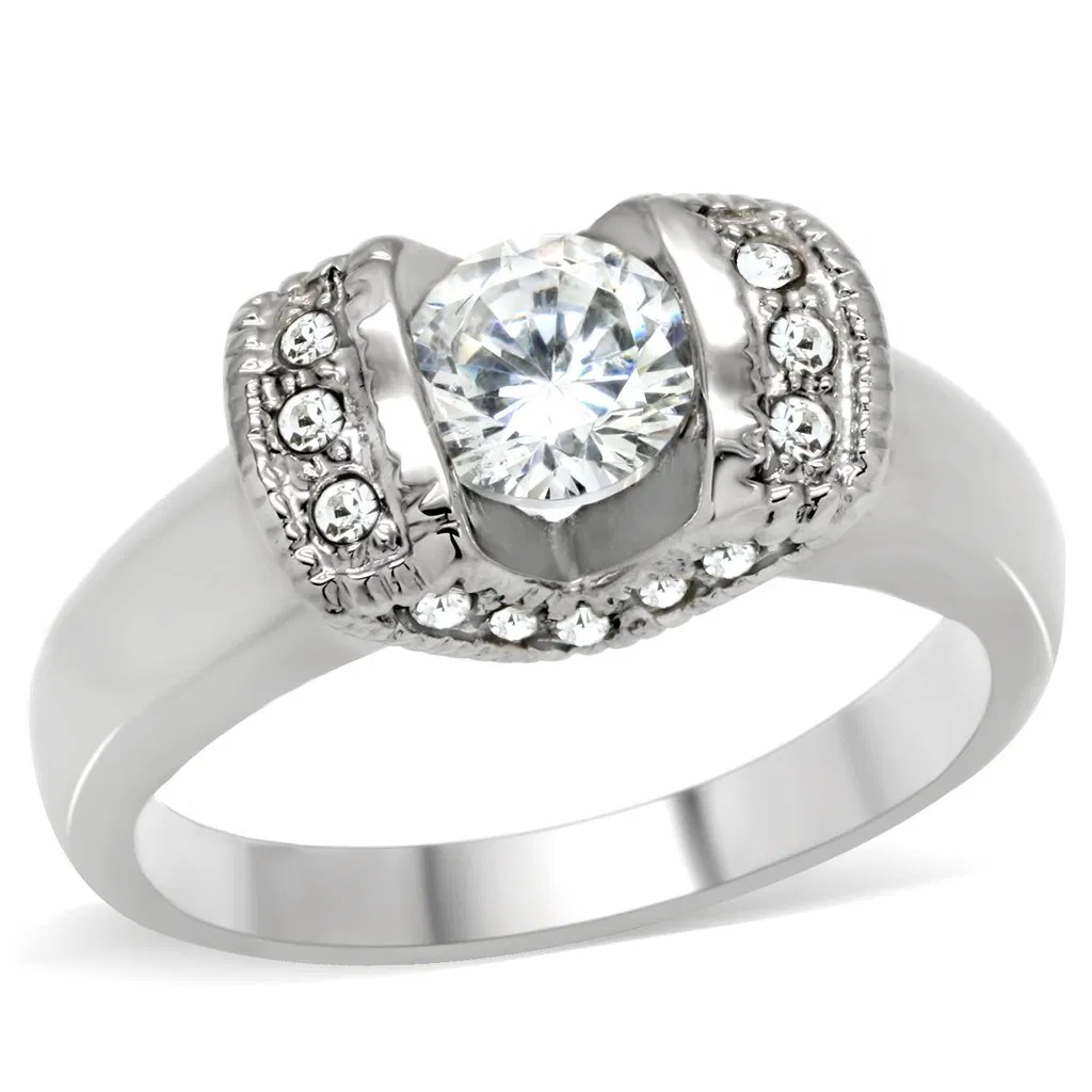 TK194 - High polished (no plating) Stainless Steel Ring with AAA Grade CZ in Clear - Grocery