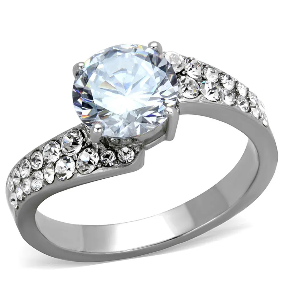 TK2040 - High polished (no plating) Stainless Steel Ring with AAA Grade CZ in Clear - Grocery