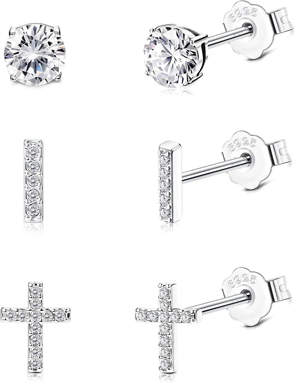 3 Pairs Sterling Silver Stud Earrings Set for Women Men Tiny CZ Cross Cartilage Stud Earrings Dainty Cute Heart Star Moon Stud Earrings - Grocery