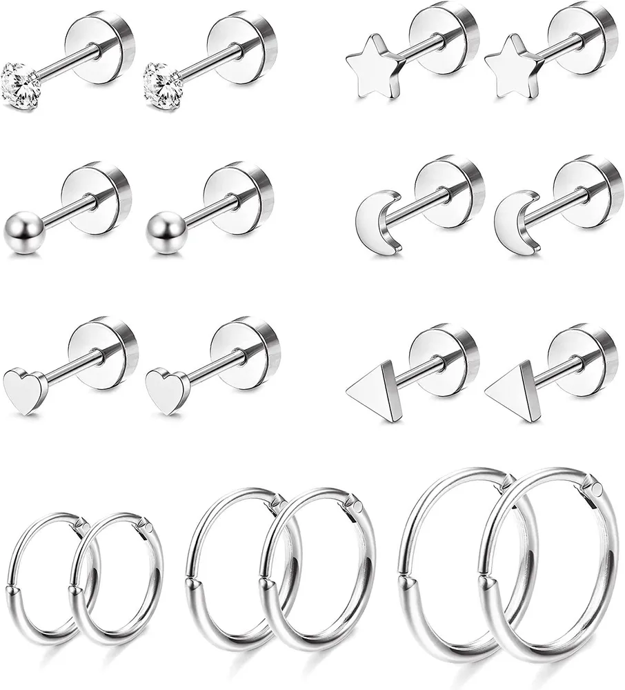 9 Pairs Tiny Cartilage Earrings Studs Hoops for Women Stainless CZ Moon Star Balls Tragus Helix Endless Hoop Piercing Flatback Earring Set - Grocery
