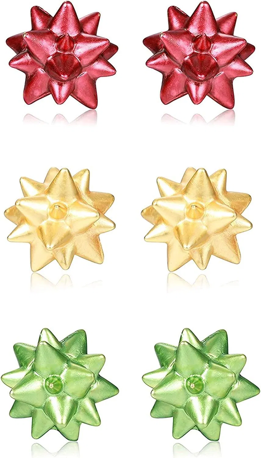 3 Pairs Christmas Earrings For Women Xmas Jewelry Bow Stud Earrings Green Red Gold Holiday Christmas Bow Earrings Set Christmas Gifts - Grocery