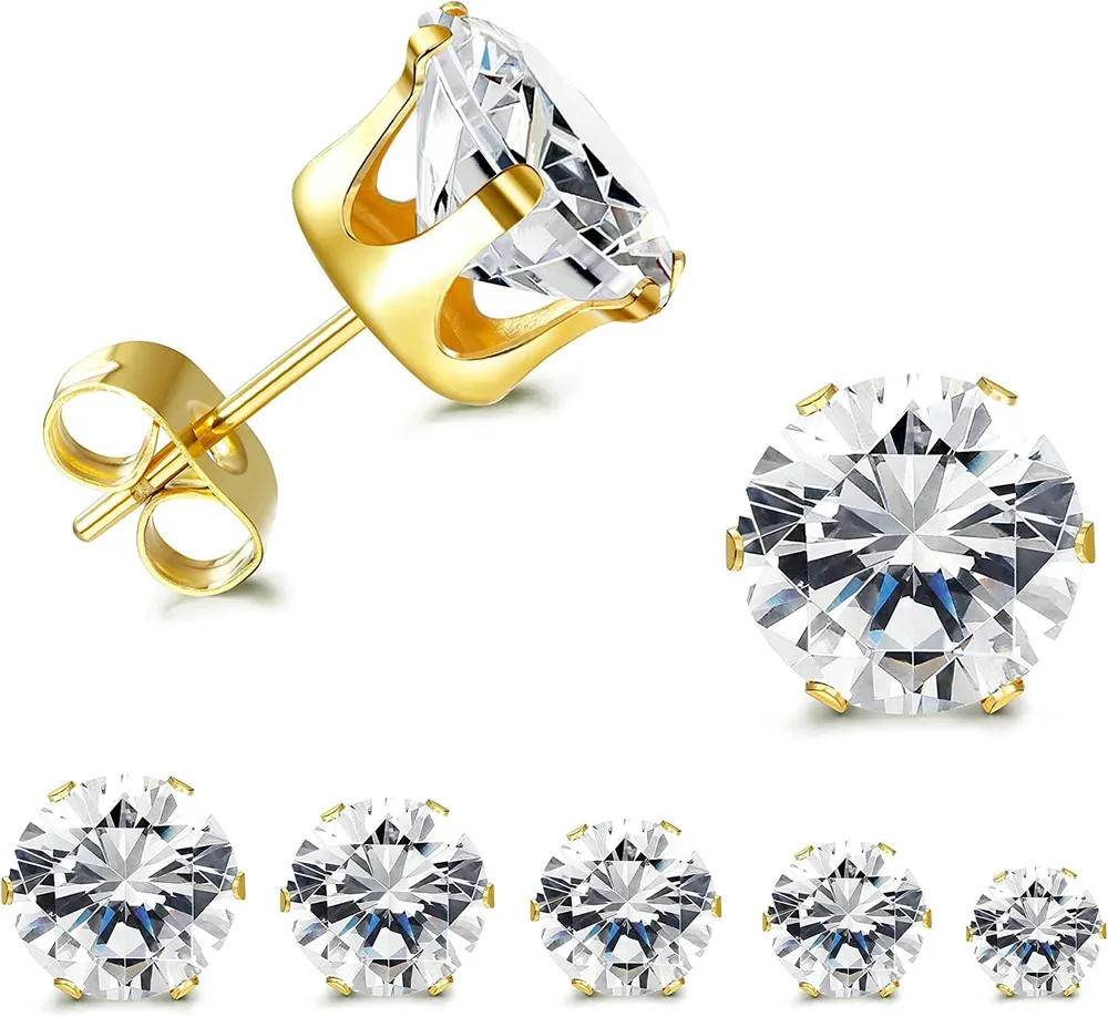 5 Pairs CZ Stud Earrings Set; Round Clear Cubic Zirconia 316L Stainless Earrings for Women 3-7mm - Grocery