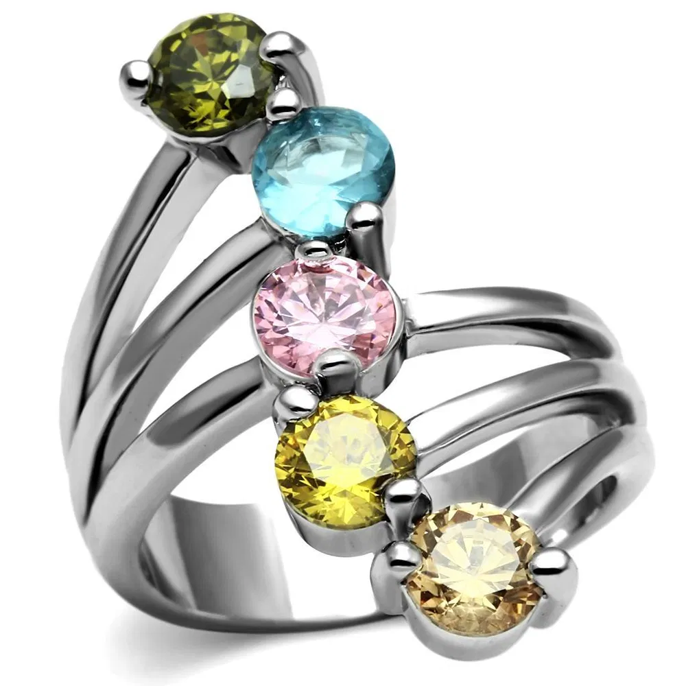 TK2876 - High polished (no plating) Stainless Steel Ring with AAA Grade CZ in Multi Color - Grocery