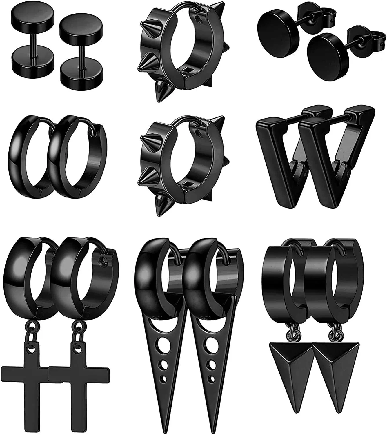 8 Pairs Stainless Punk Stud Earrings for Men Women Kpop Triangle Cross Rivet Awl Spike Hinged Dangle Huggie Hoop Piercing Earrings Set - Grocery