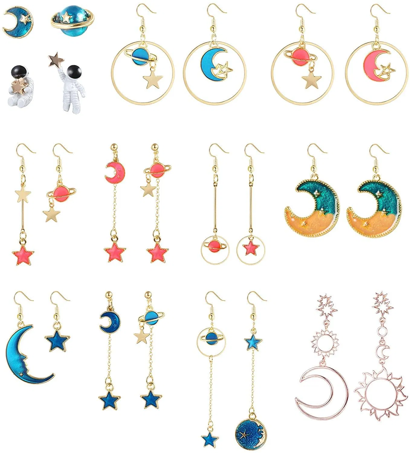 12 Pairs Moon Star Planet Earrings For Women Cute Planet Astronaut Stud Earrings Asymmetrical Dangle Earrings Set Sun Star Bohemia Earrings - Grocery