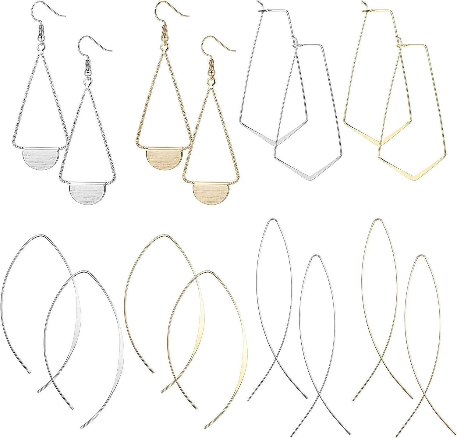 8 Pairs Lightweight Open Wire Needle Hoop Drop Dangle Earrings for Women Linear Long Threader Curved Hypoallergenic Earrings Set - Grocery