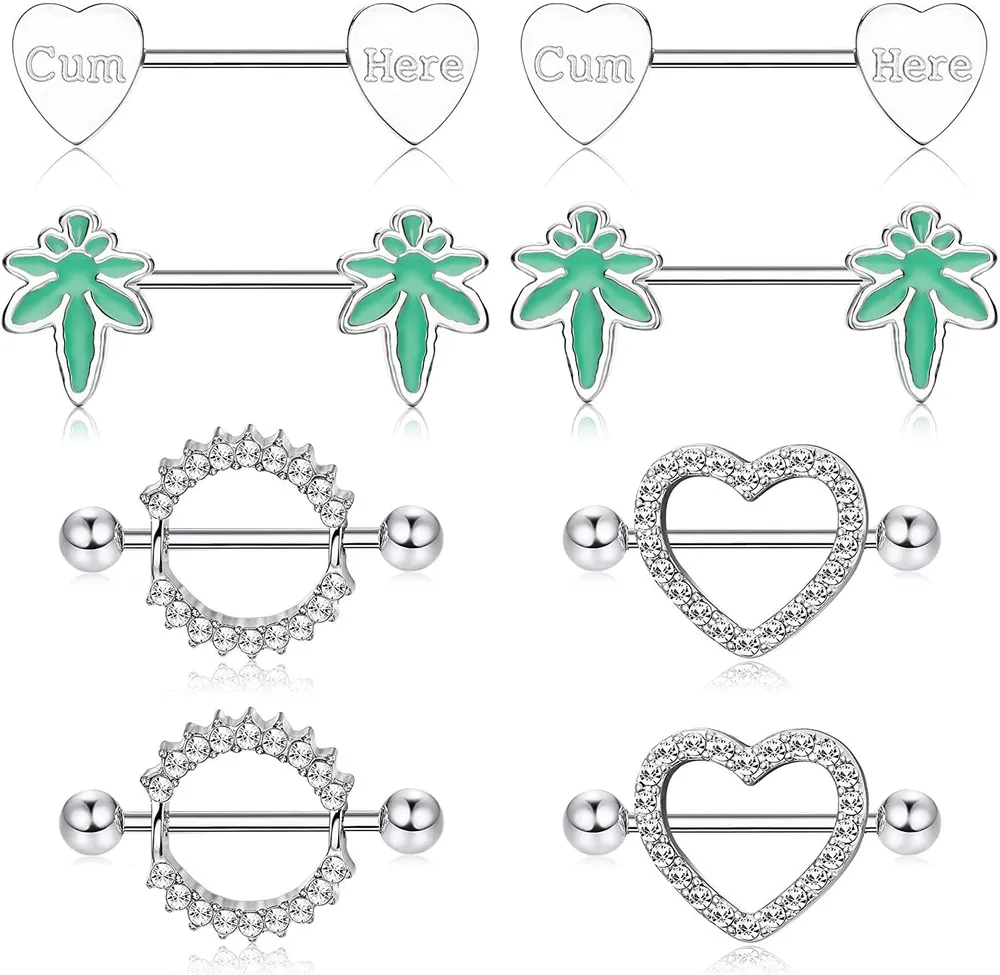 4Pairs 14G Nipple Rings 316L Surgical Steel Heart CZ Tongue Barbell Body Piercing Shield Ring Set - Grocery