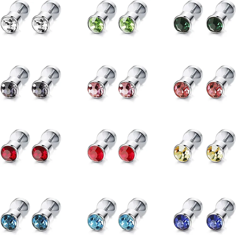 12 Pairs Stainless CZ Stud Earrings for Women Cubic Zirconia Cartilage Stud Earring Screwback 4mm 6mm 8mm - Grocery