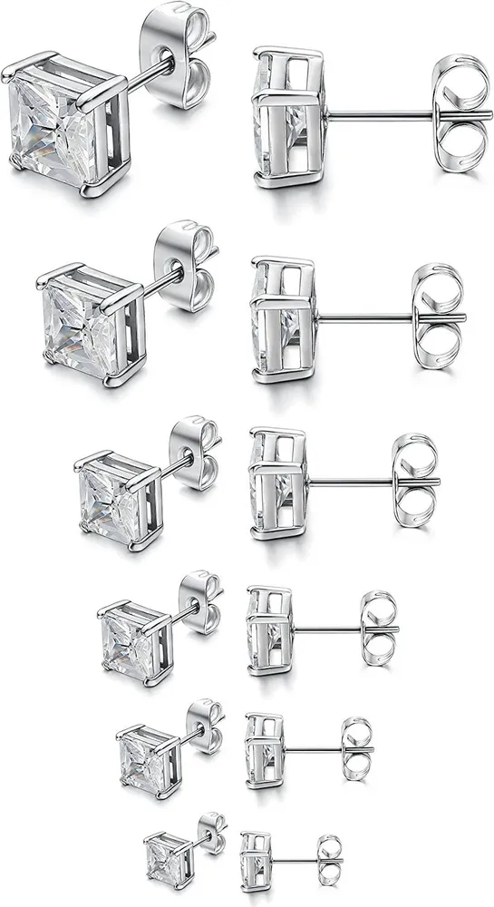 6 Pairs Mens Womens Stainless Steel Stud Earrings Cubic Zirconia Piercing 22G - Grocery