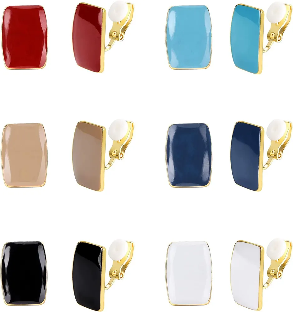 6 Pairs Colorful Clip on Earrings for Women Geometric Drop Dangle Earrings Square Stud Earrings No Piercing Fake Earrings - Grocery