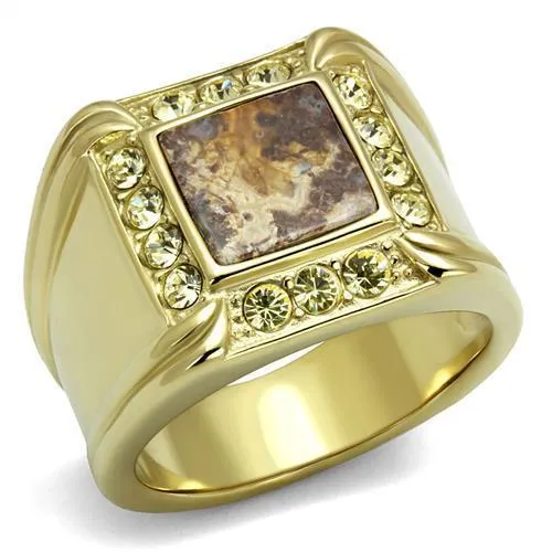 TK3013 - IP Gold(Ion Plating) Stainless Steel Ring with Semi-Precious Oligoclase in Smoked Quartz - Grocery