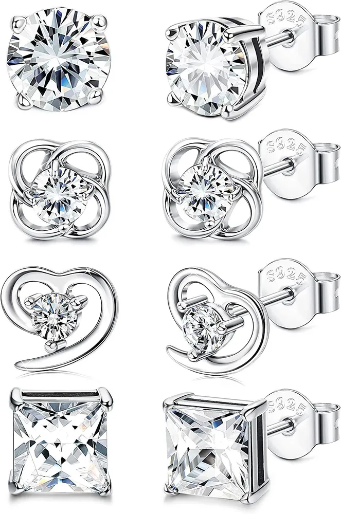 4 Pairs Cubic Zirconia Stud Earring Set for Women Round Heart Small CZ Earrings - Grocery
