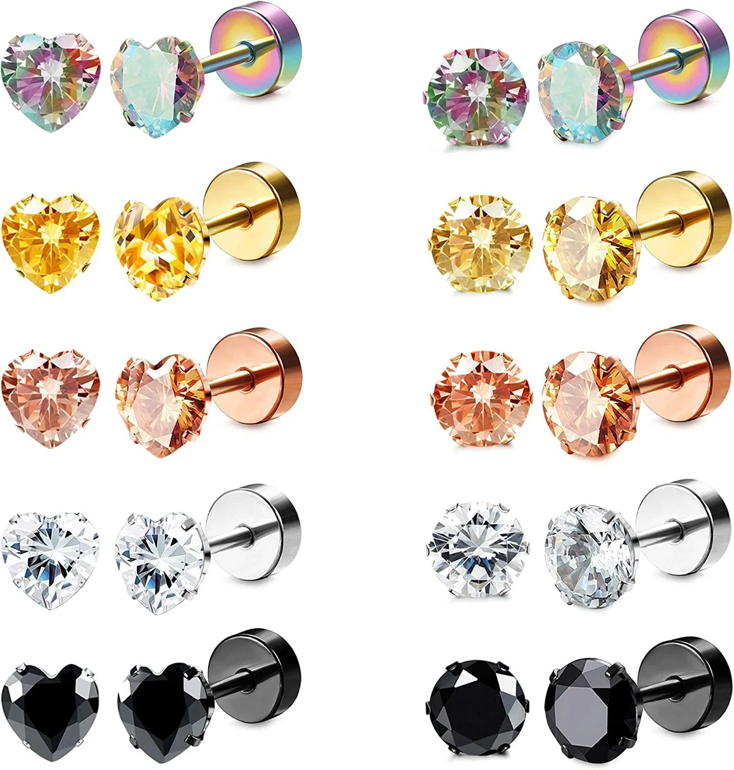 10 Pairs Stainless CZ Stud Earrings for Women Men Tragus Helix Round Heart Cubic Zirconia Flat Back Screw Back 20G Ear Piercing Set - Grocery