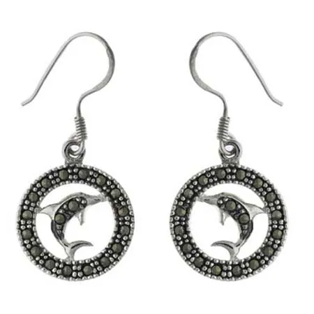 Sterling Silver & Marcasite Dolphin Circle Earrings - Grocery