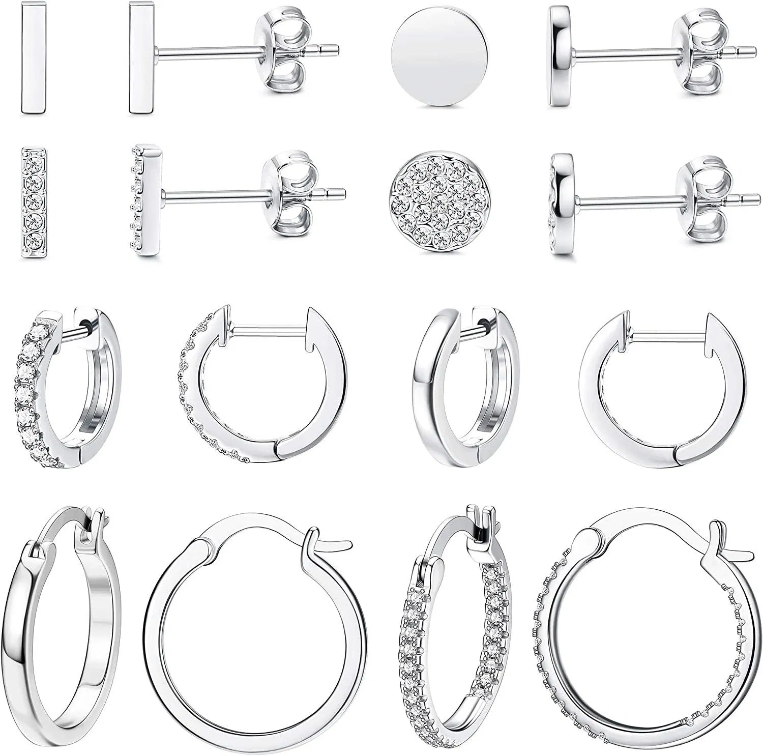 8 Pairs Hoop Huggie Earrings for Women Bar Dot Stud Earrings 14K Gold Plated Cubic Zirconia Cute Earrings Set - Grocery
