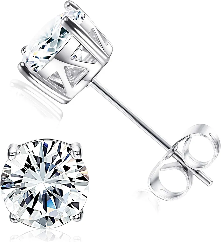 925 Sterling Silver Austria Cubic Zirconia Stud Earrings for Women Triangle Shaped Round-cut 4 Prongs Piercing Hypoallergenic Earrings - Grocery