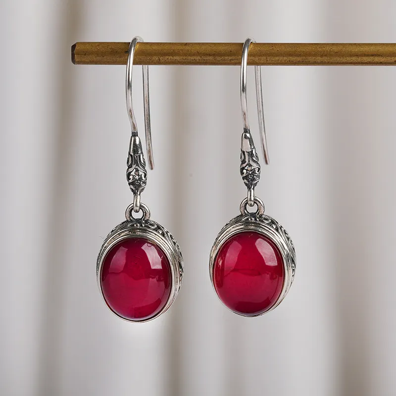 Vintage Red Corundum S925 Silver Earrings Elegant And Fashionable Earrings Silver Jewelry - Grocery