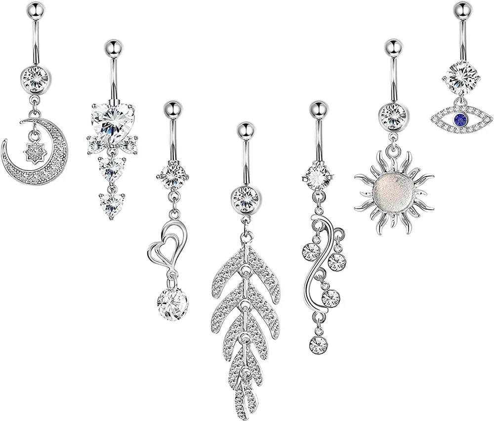 7Pcs 14G Dangle Belly Button Rings for Women Curved Navel Ring CZ Body Piercing 316L Stainless Steel Belly Button Rings Dangle Set - Grocery
