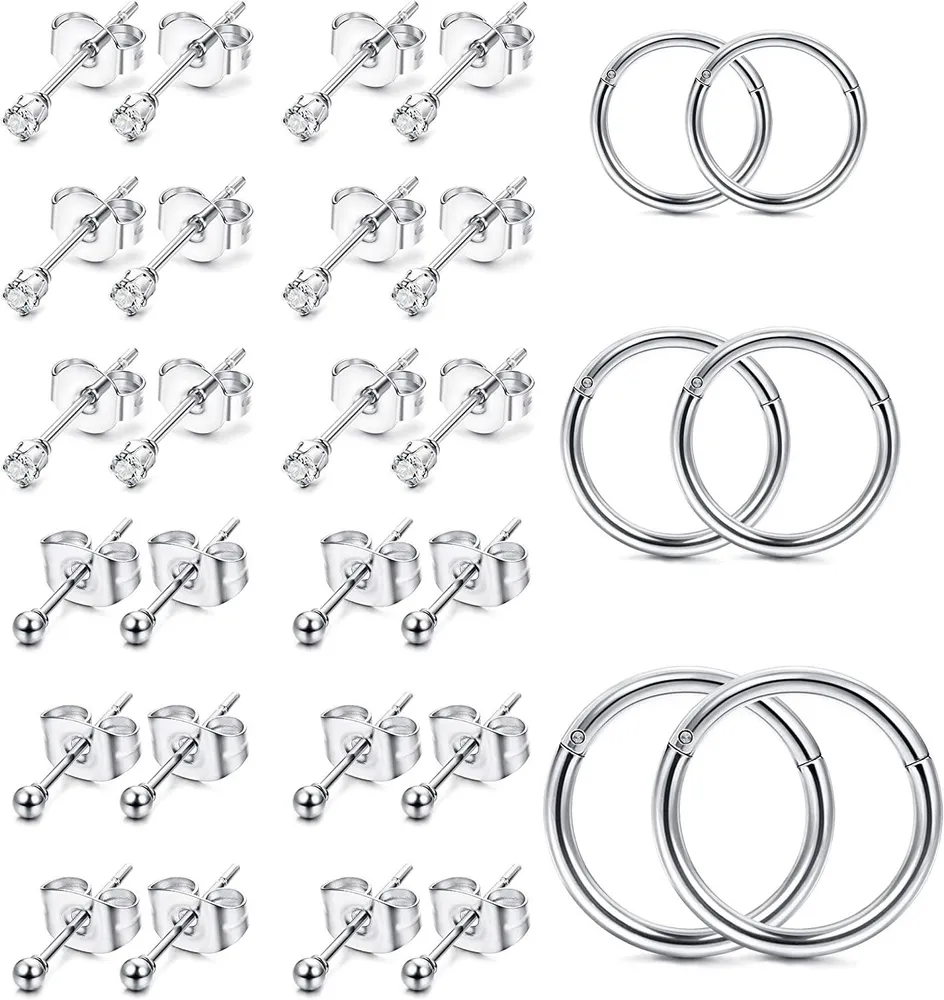 Stainless Tiny Stud Earrings for Men Women Ball Hoop CZ Helix Conch Piercing Set - Grocery