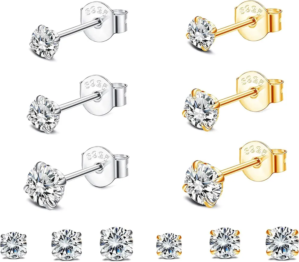 6 Pairs 925 Sterling Silver Stud Earrings For Women Hypoallergenic 14K Gold Plated AAA+ Cubic Zirconia 4-6mm Stud Earrings Set - Grocery