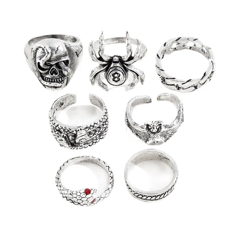 Personalized Vintage Spider Snake Bat Skull Double-headed Snake Ring Set Of 7 - Grocery