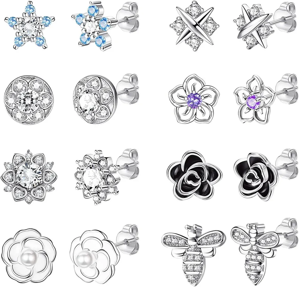 8 Pairs Rose Flower Stud Earrings for WomenDainty CZ Pearl Moon Star Bee Ear Studs Stainless Stud Earrings Set Hypoallergenic - Grocery