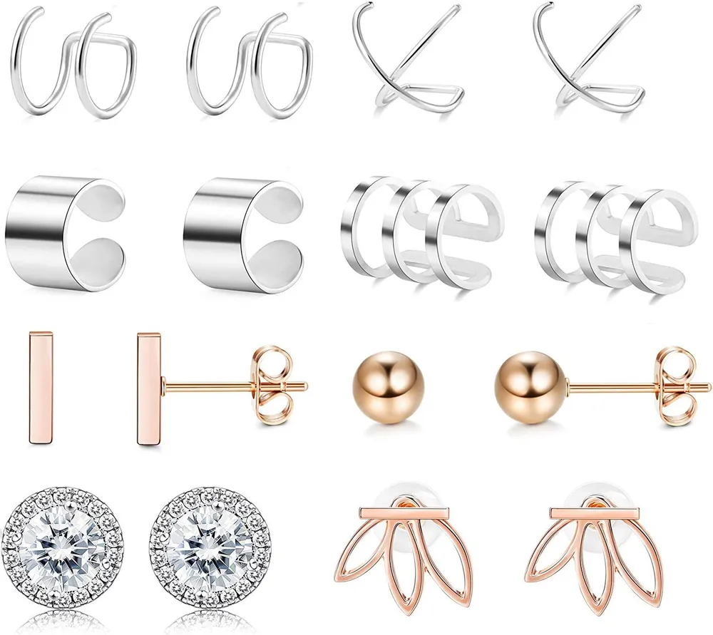 Stainlee Ear Cuff Lotus Ball Bar Stud Earring Set - Grocery