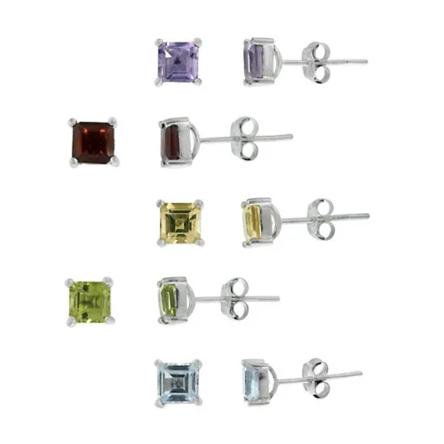 Sterling Silver 4mm Square Amethyst, Citrine, Peridot, Garnet, and Blue Topaz Stud Earrings Set - Grocery