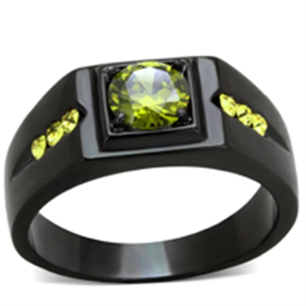 TK1928 - IP Black(Ion Plating) Stainless Steel Ring with AAA Grade CZ in Olivine color - Grocery