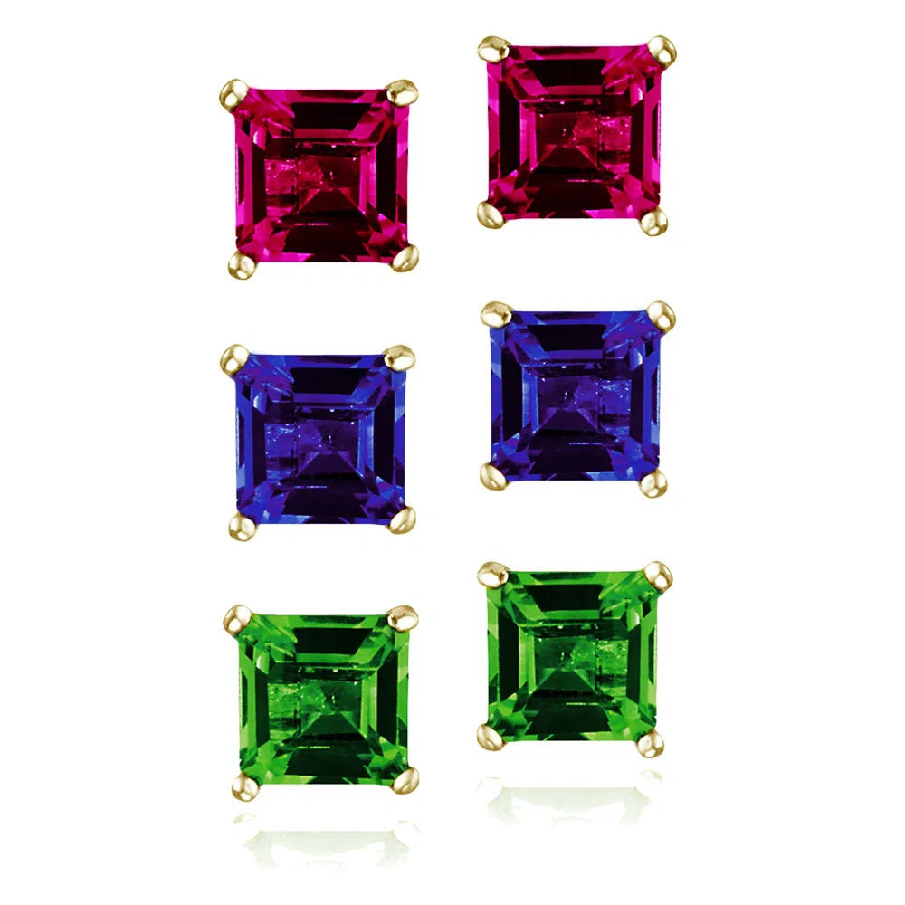 Gold Tone over Sterling Silver 3ct Created Gems Square Stud Earrings, Set of 3 - Grocery