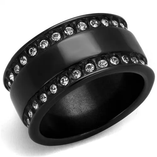TK2195 - IP Black(Ion Plating) Stainless Steel Ring with Top Grade Crystal in Clear - Grocery