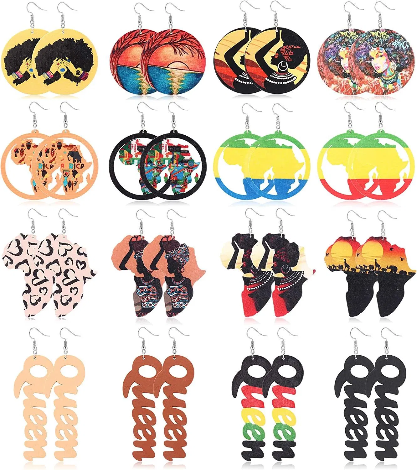 16 Pairs African Wood Drop Earrings for Women Round Lightweight Statement Dangle Earrings African Map Ethnic Style Earrings - Grocery